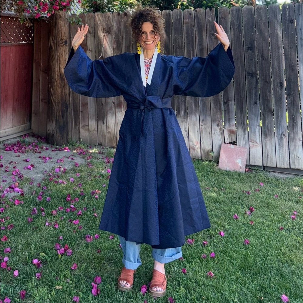 Elegant Navy Silk Kimono Robe
